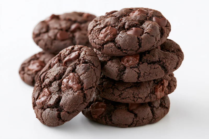 Stack of dark chocolate fudge cookies with one leaning against the pile on white background
