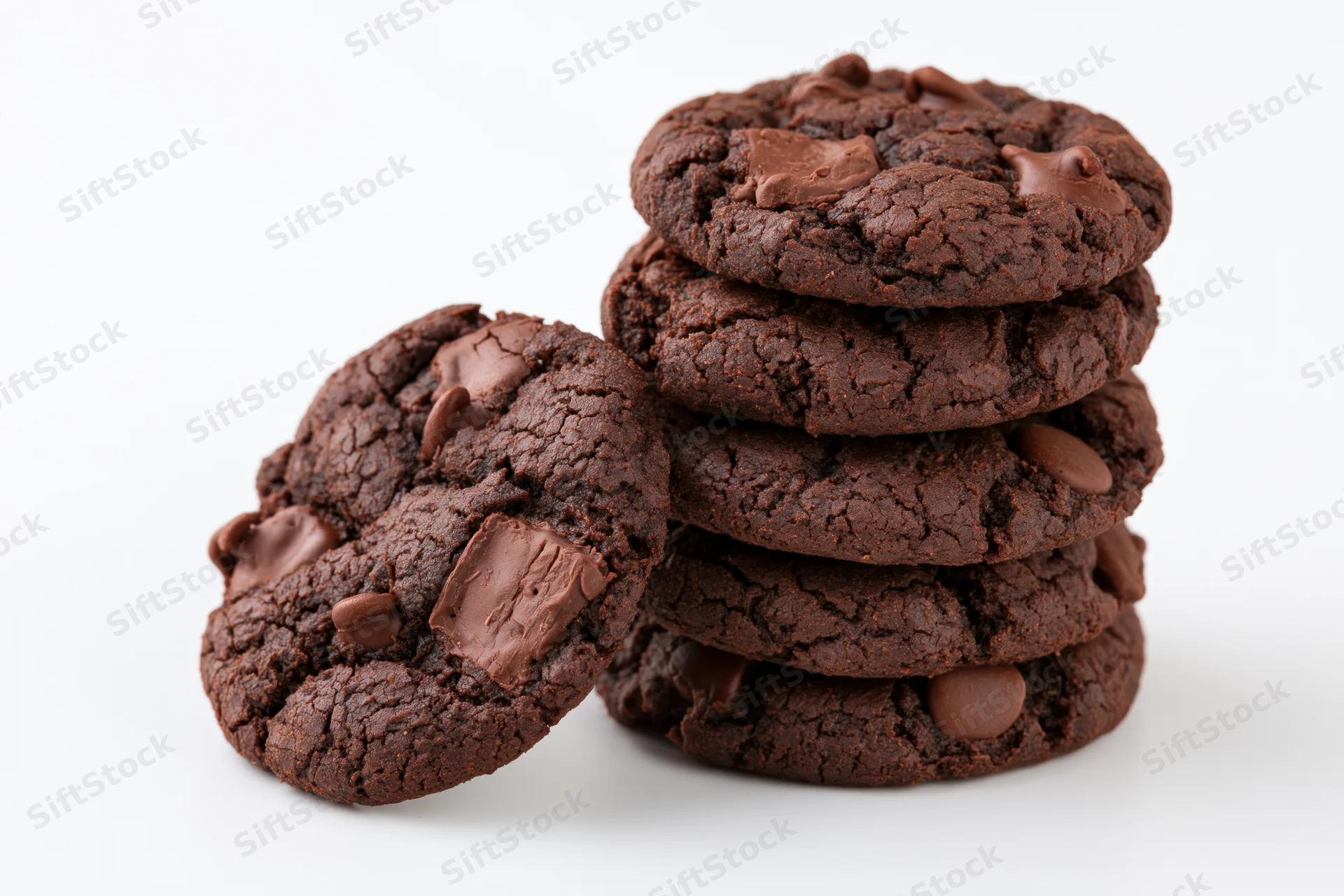 Stack of dark chocolate fudge cookies with one leaning against the pile on white background