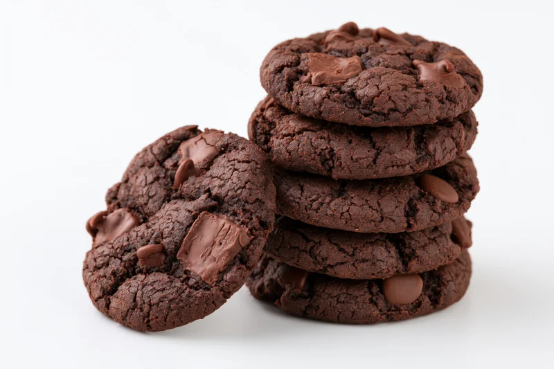 Stack of dark chocolate fudge cookies with one leaning against the pile on white background