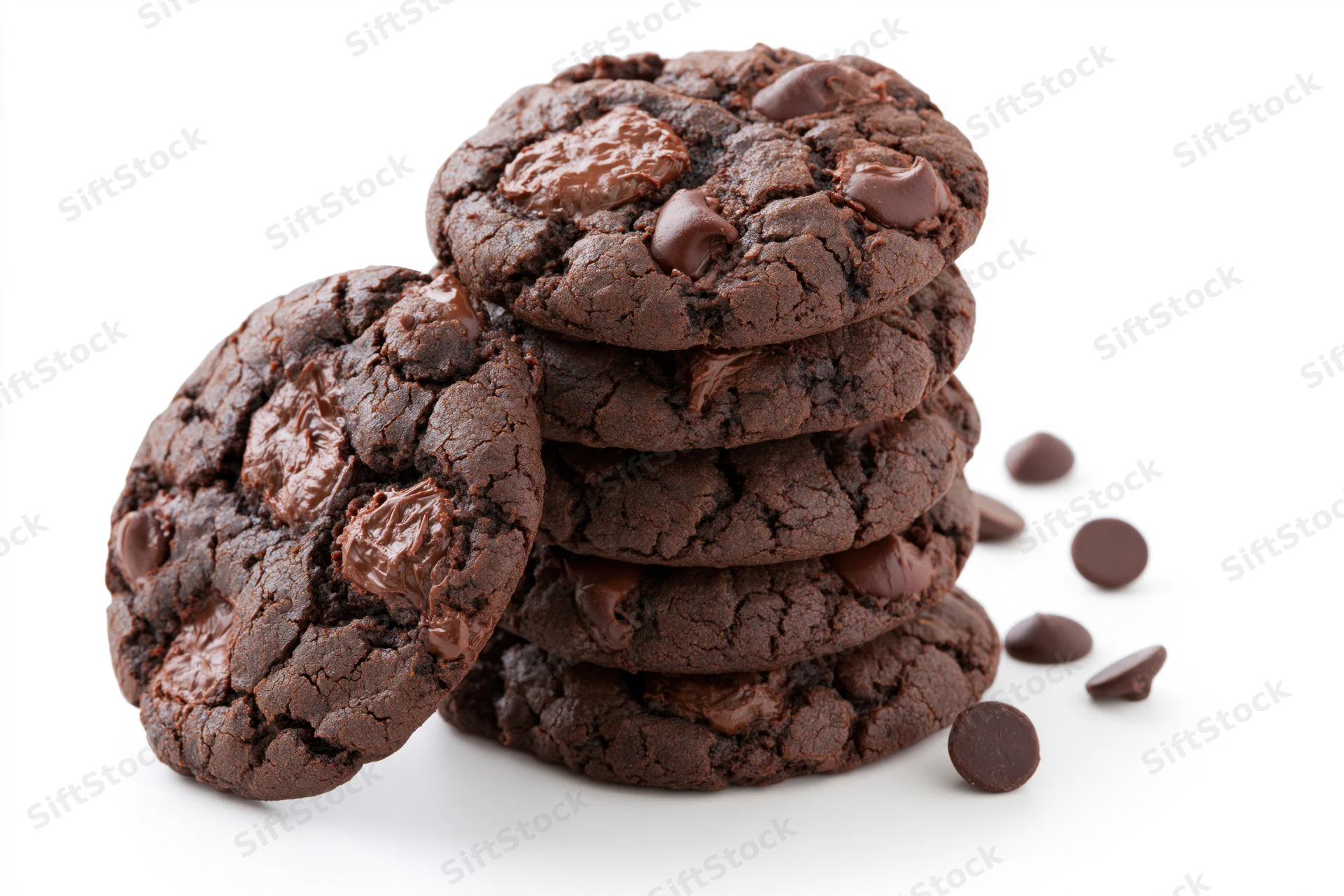 Stack of dark chocolate fudge cookies with one leaning against the pile on white background