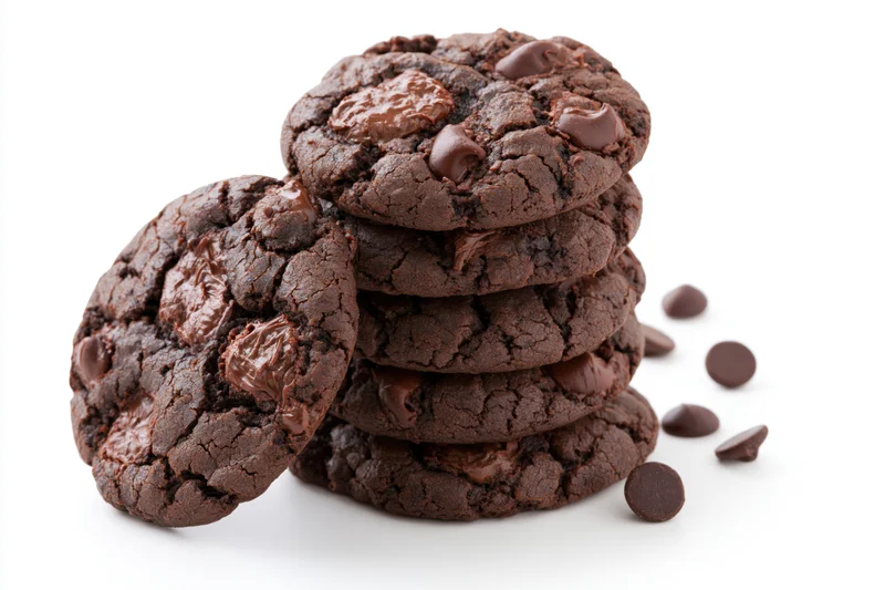Stack of dark chocolate fudge cookies with one leaning against the pile on white background