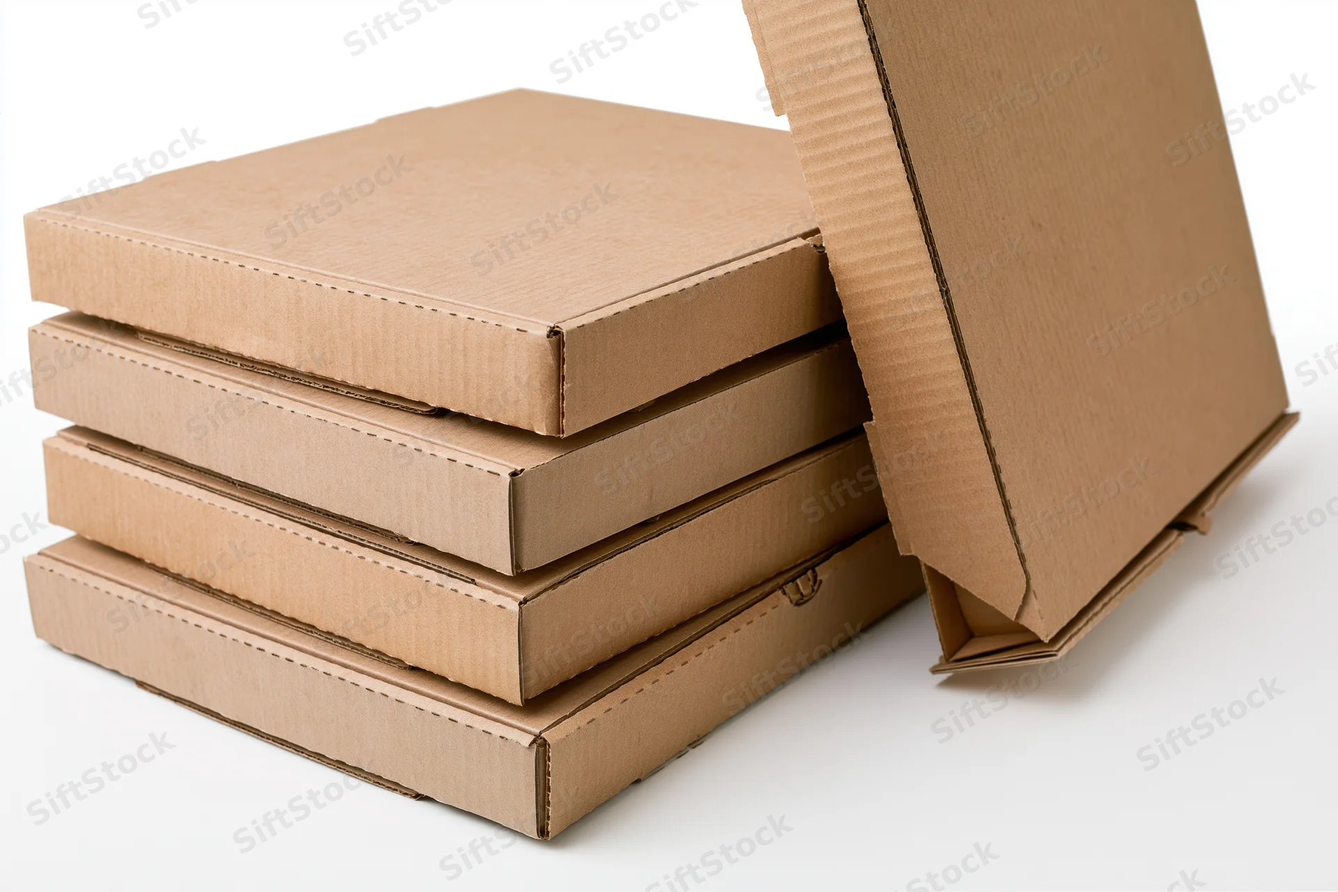 Stack of plain cardboard pizza boxes with one leaning open on white background