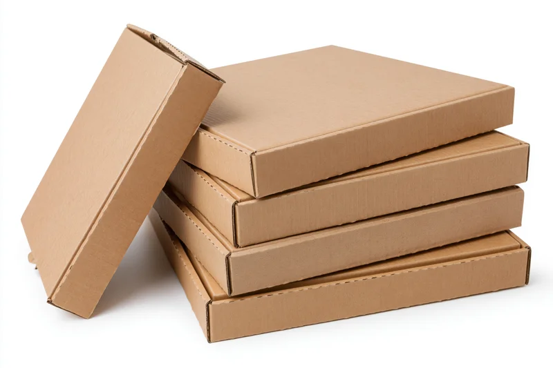 Stack of five plain cardboard pizza boxes with one leaning against the pile on white background