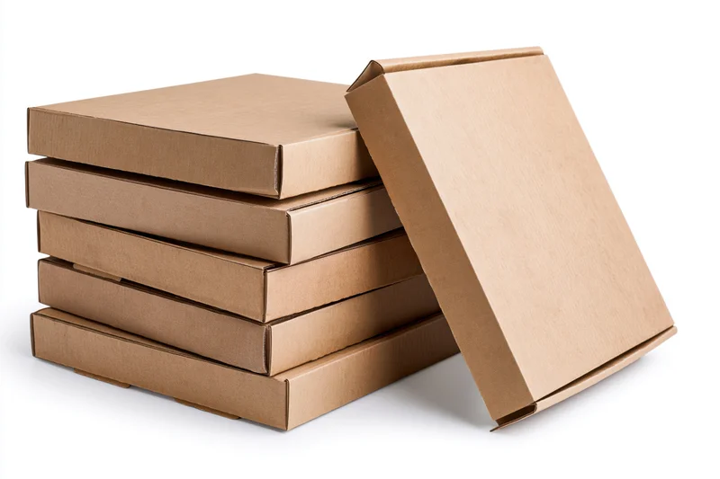 Stack of plain cardboard pizza boxes with one leaning against the pile on white background