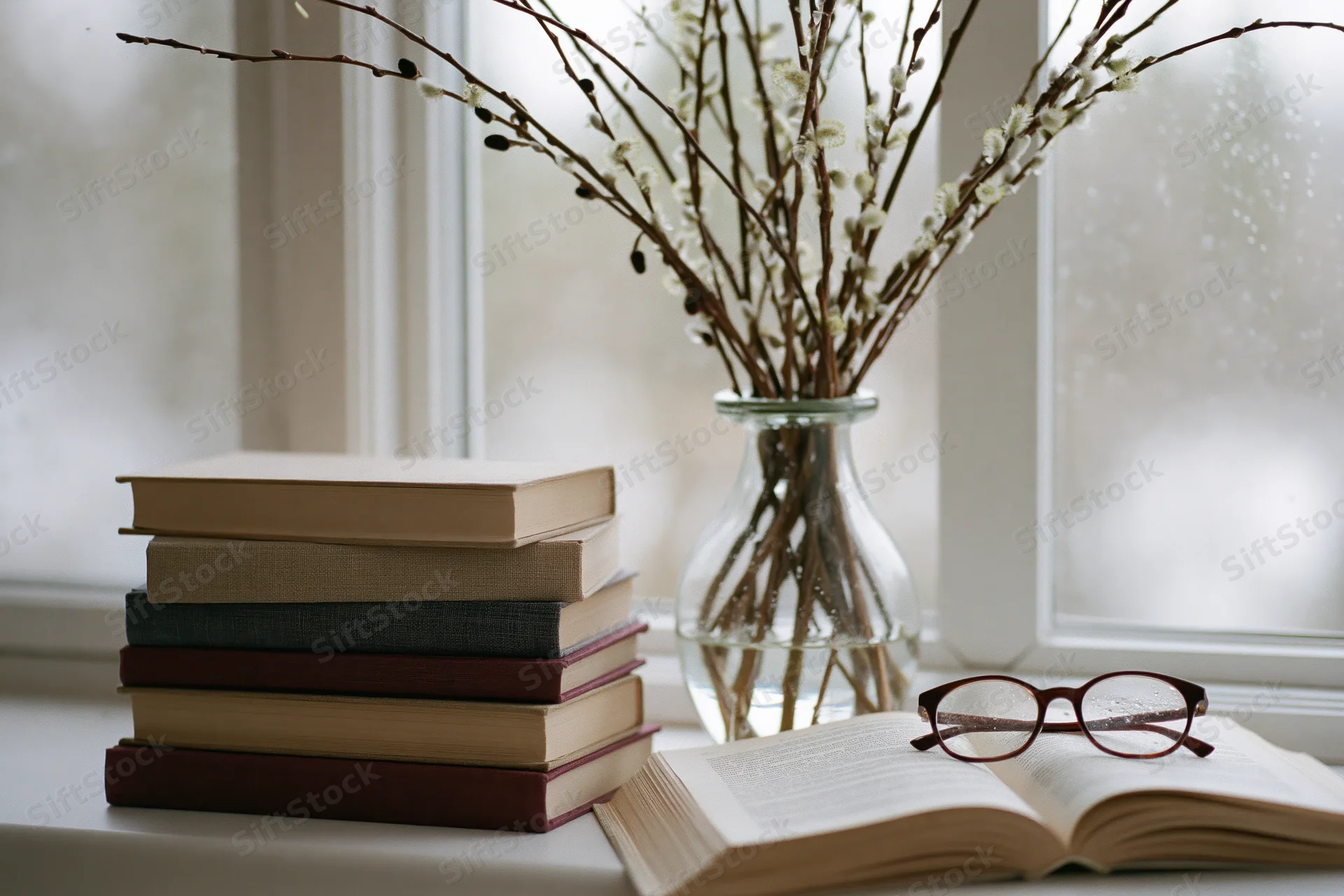 Stack of hardcover books beside a glass vase with pussywillow branches on a windowsill, with reading glasses resting on an open book