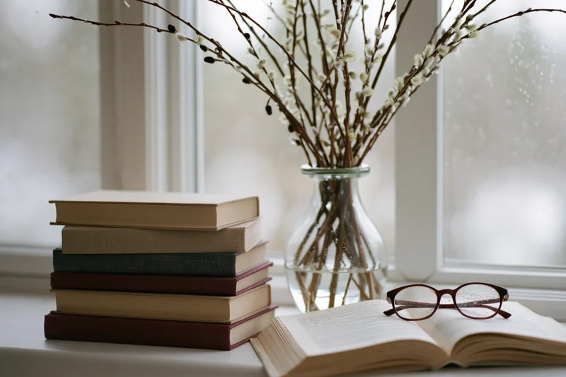 Stack of hardcover books beside a glass vase with pussywillow branches on a windowsill, with reading glasses resting on an open book