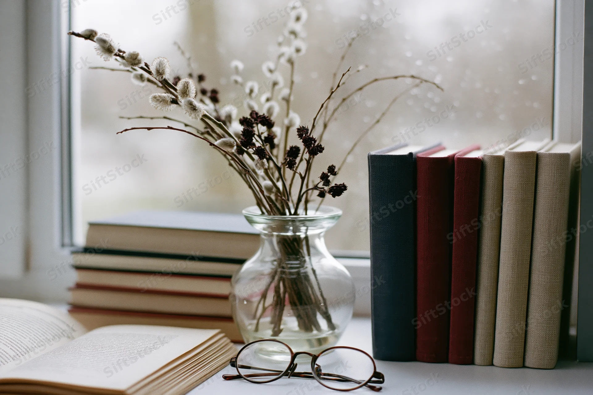 Stack of hardcover books beside a glass vase with pussywillow branches on a windowsill, with open book and reading glasses nearby