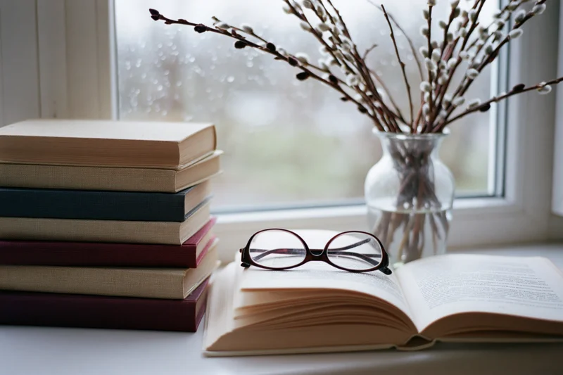 Open book with reading glasses on a windowsill beside a stack of hardcover books and a vase of pussywillow branches