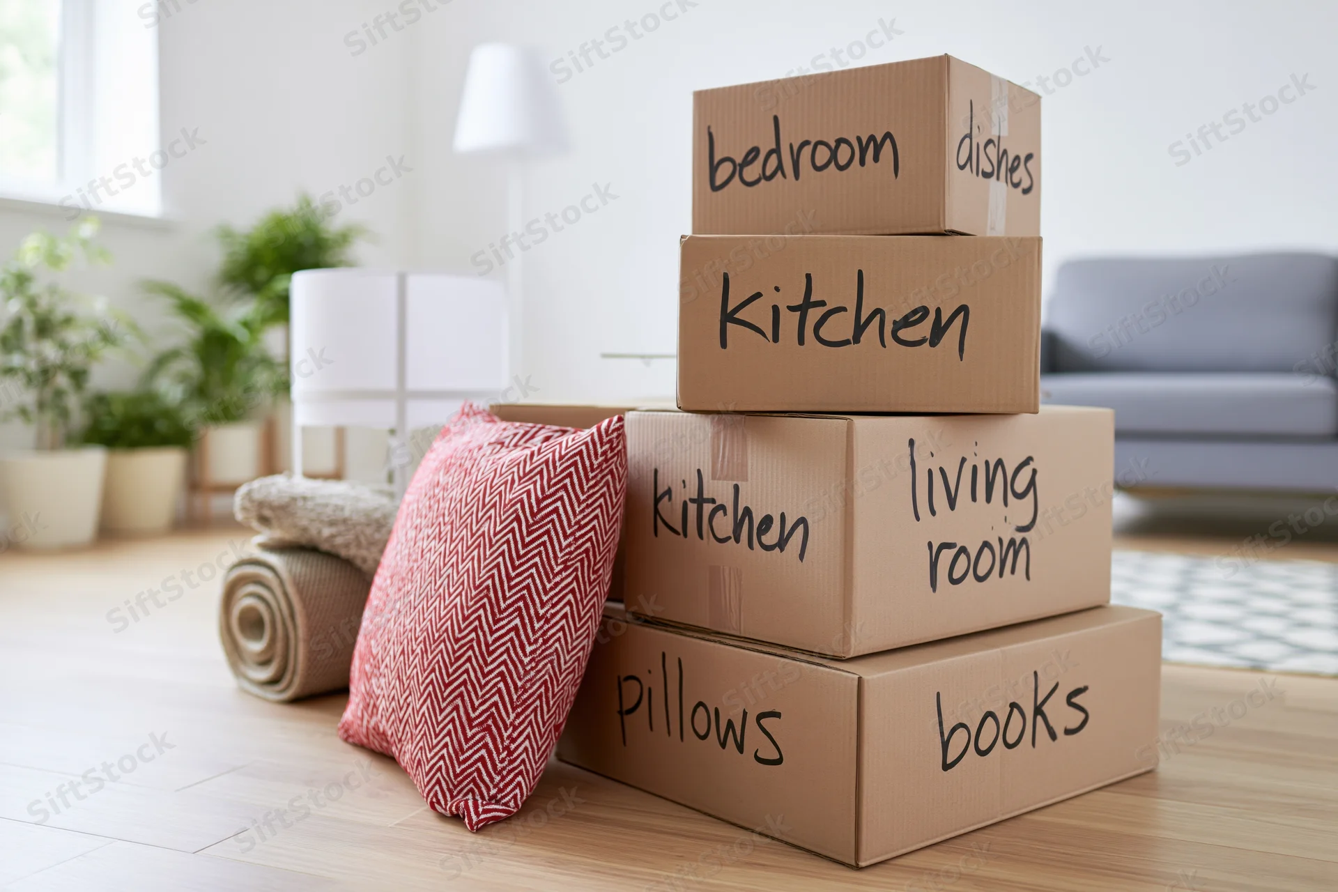 Stack of labeled cardboard moving boxes on light wood floor in living room with sofa and plants