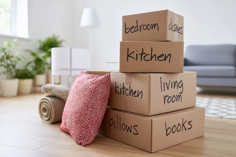 Stack of labeled cardboard moving boxes on light wood floor in living room with sofa and plants