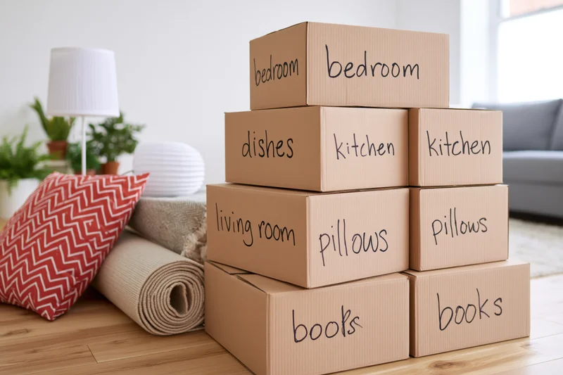 Stack of labeled cardboard moving boxes piled on light wood floor in living room with furniture and plants nearby