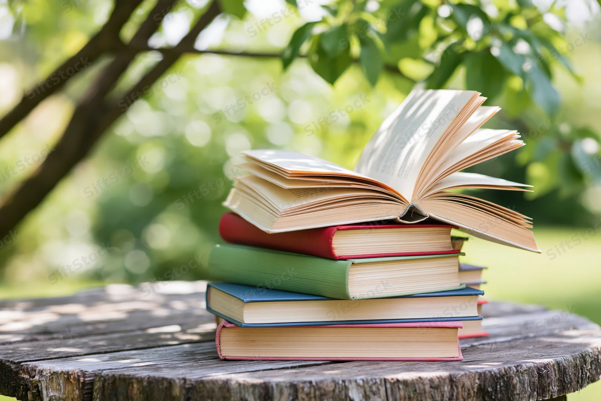 Stack of open and closed hardcover books on a weathered wooden stump outdoors