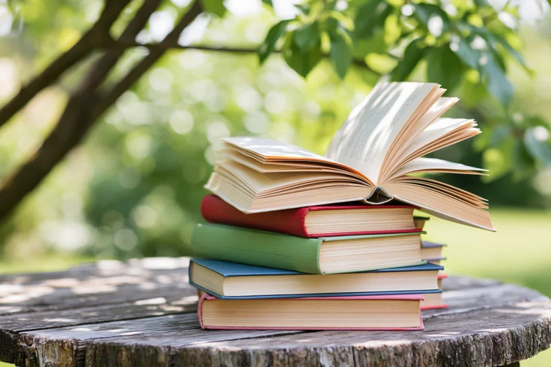 Stack of open and closed hardcover books on a weathered wooden stump outdoors