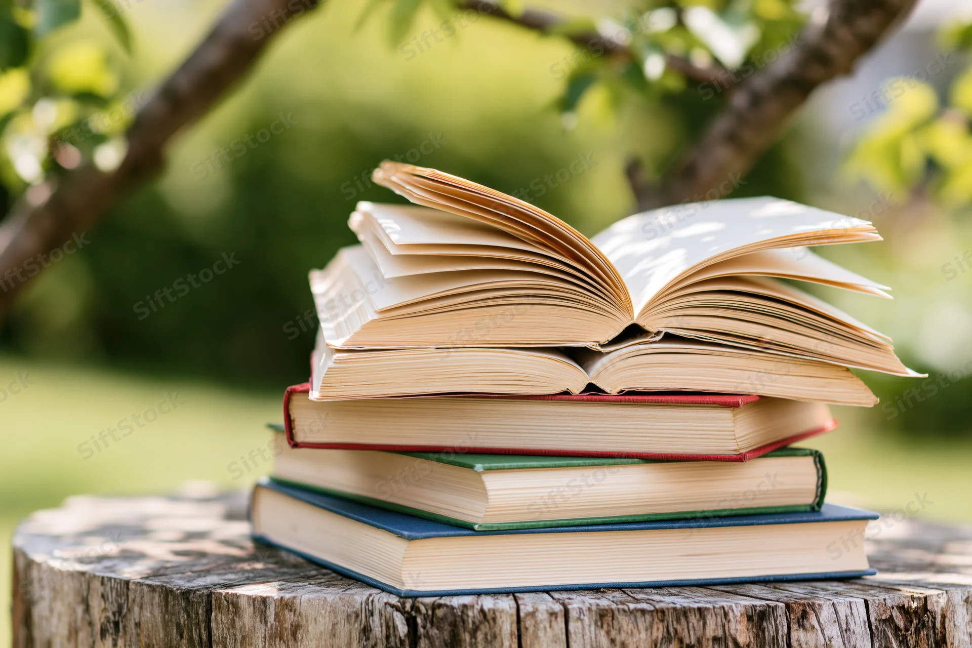 Stack of open and closed hardcover books on a weathered tree stump outdoors