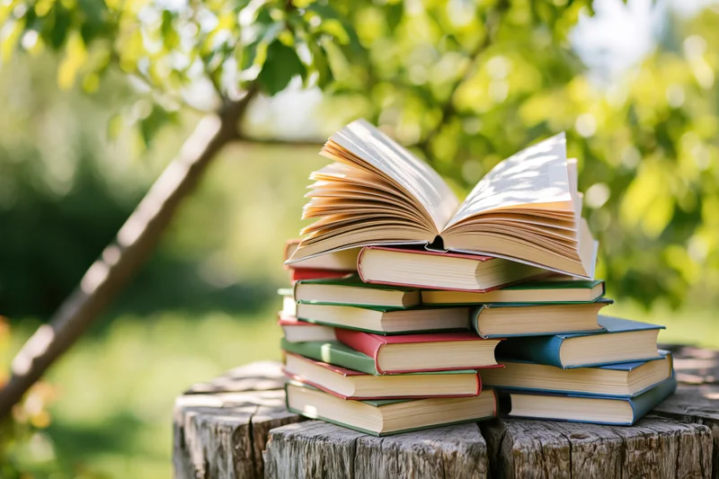 Stack of open and closed hardcover books on a weathered tree stump outdoors