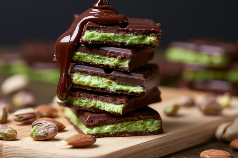 Stack of pistachio cream chocolate bar pieces with chocolate drizzle on wooden board