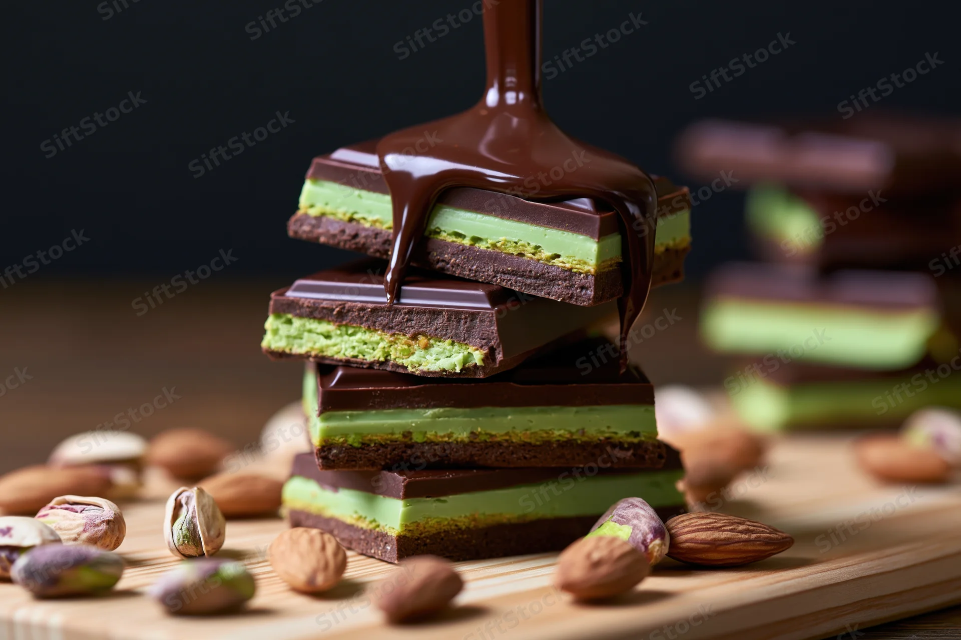 Stack of pistachio cream chocolate bars with chocolate drizzle on wooden board surrounded by nuts