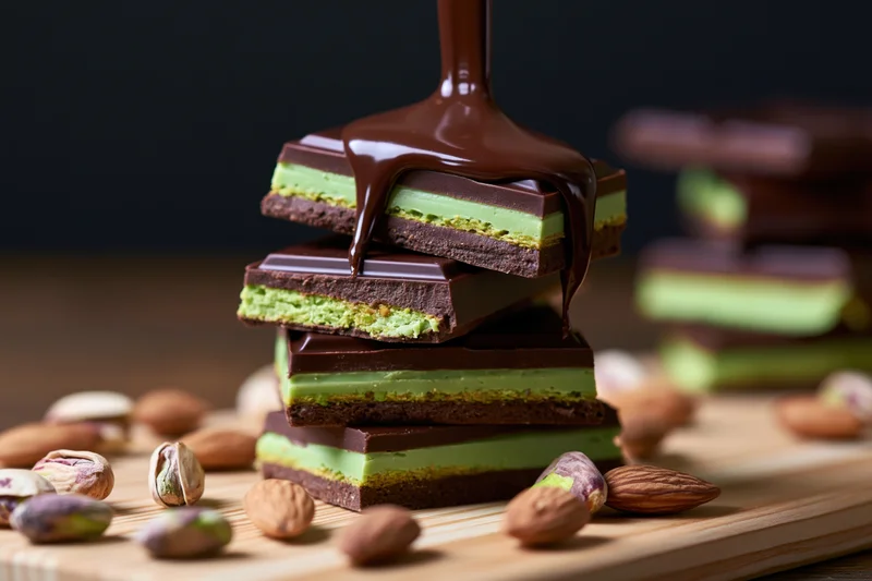 Stack of pistachio cream chocolate bars with chocolate drizzle on wooden board surrounded by nuts