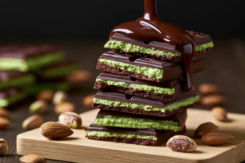 Stack of pistachio cream chocolate bar pieces layered on wooden board with almonds and chocolate drizzle