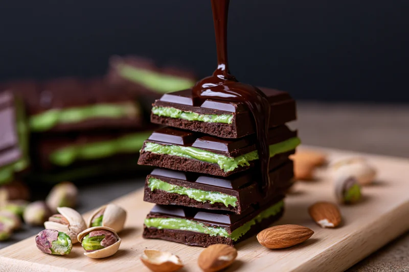 Stack of pistachio cream chocolate bar pieces with chocolate drizzle on wooden board