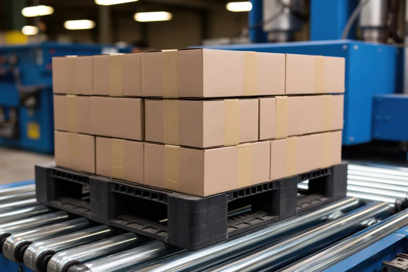 Stack of sealed cardboard boxes arranged in brick pattern on black pallet moving on metal conveyor rollers in warehouse