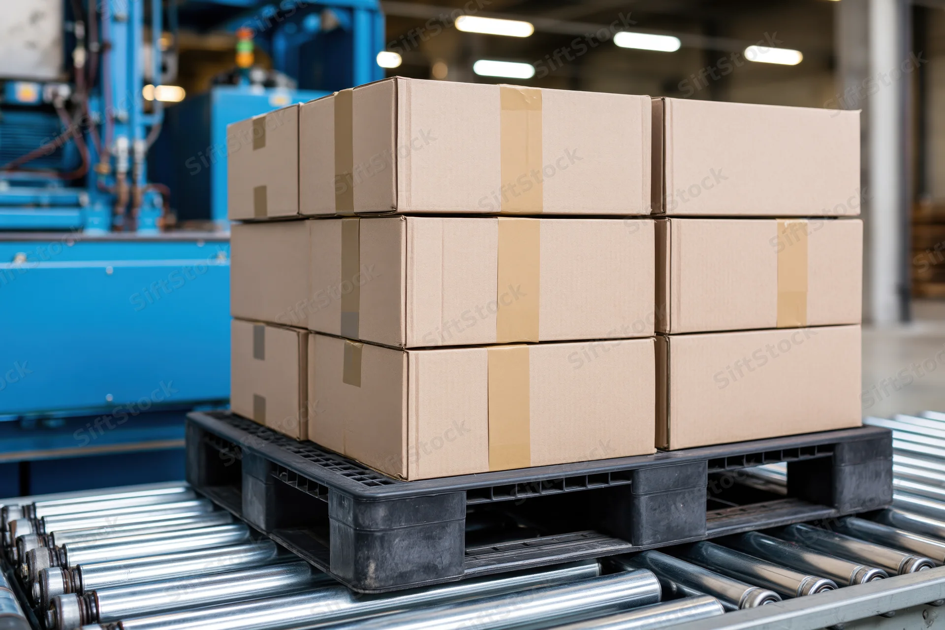 Stack of sealed cardboard boxes on black pallet moving on metal roller conveyor in warehouse