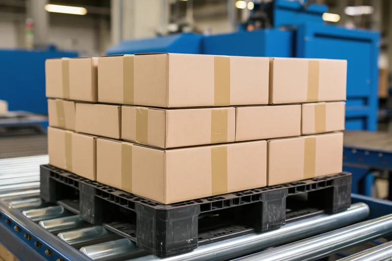 Stack of sealed cardboard boxes arranged in brick pattern on black plastic pallet on metal conveyor in warehouse