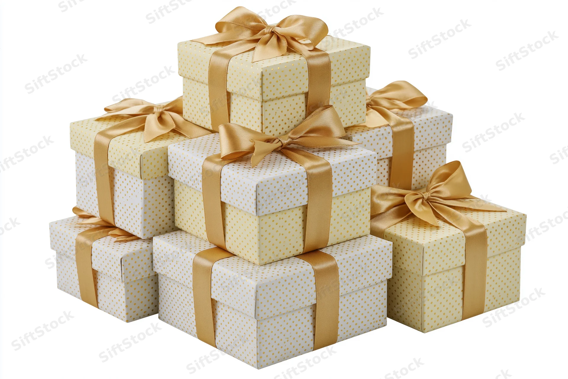 Stack of seven wrapped gift boxes arranged in pyramid formation on white background