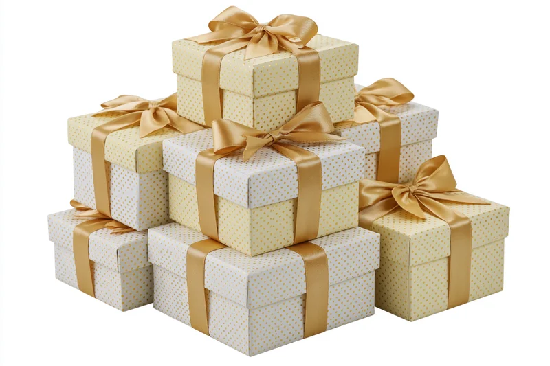Stack of seven wrapped gift boxes arranged in pyramid formation on white background