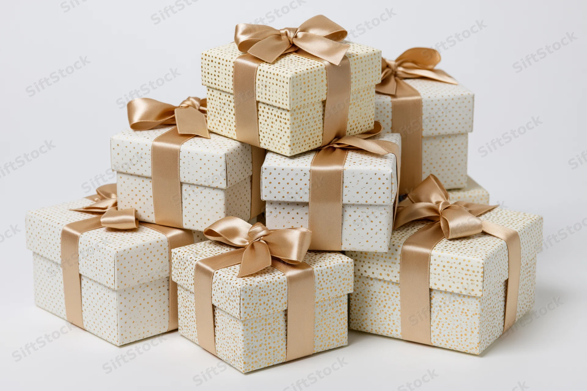 Stack of seven white gift boxes with gold polka dots and satin ribbons arranged in pyramid formation on white background