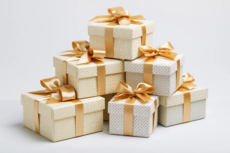 Stack of seven white gift boxes with gold polka dots and satin ribbons arranged in pyramid formation on white background