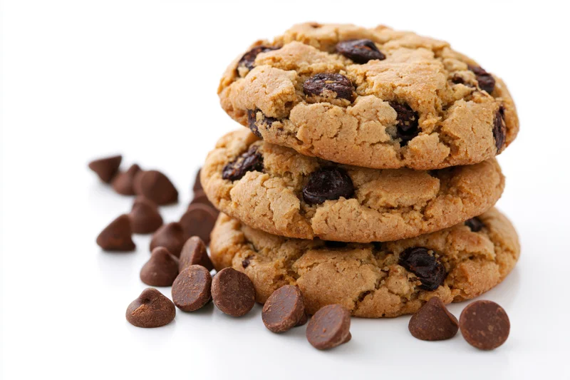 Stack of three homemade chocolate chip cookies with scattered chocolate chips on white background