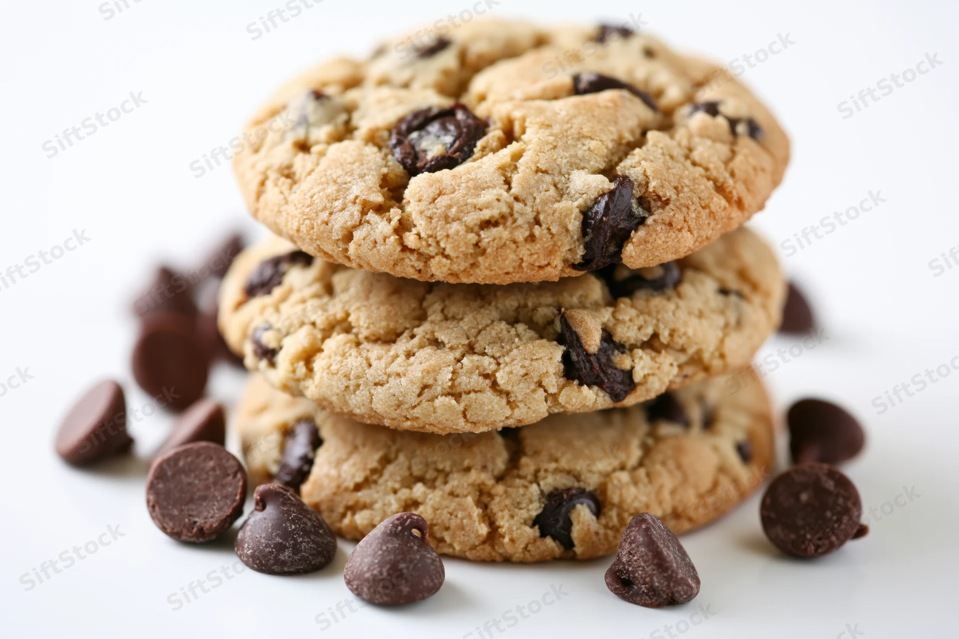 Stack of three homemade chocolate chip cookies with scattered chocolate chips on white background