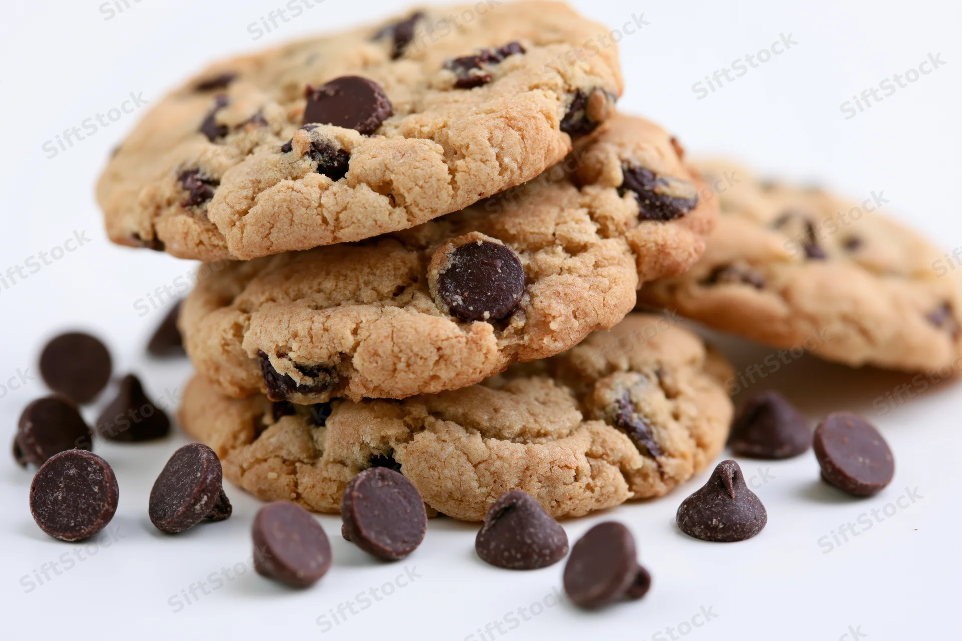 Stack of three homemade chocolate chip cookies piled together on white background