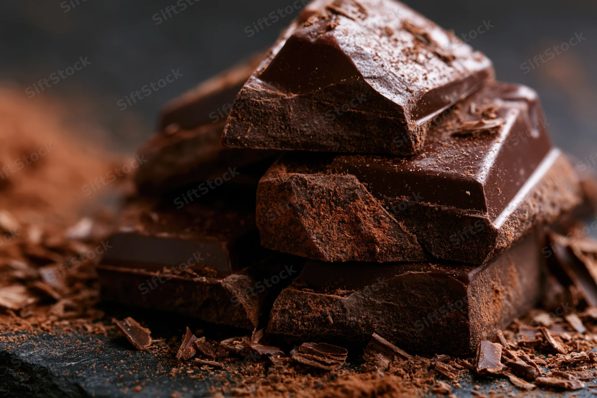 Broken dark chocolate chunks stacked haphazardly on a slate surface with cocoa powder scattered around