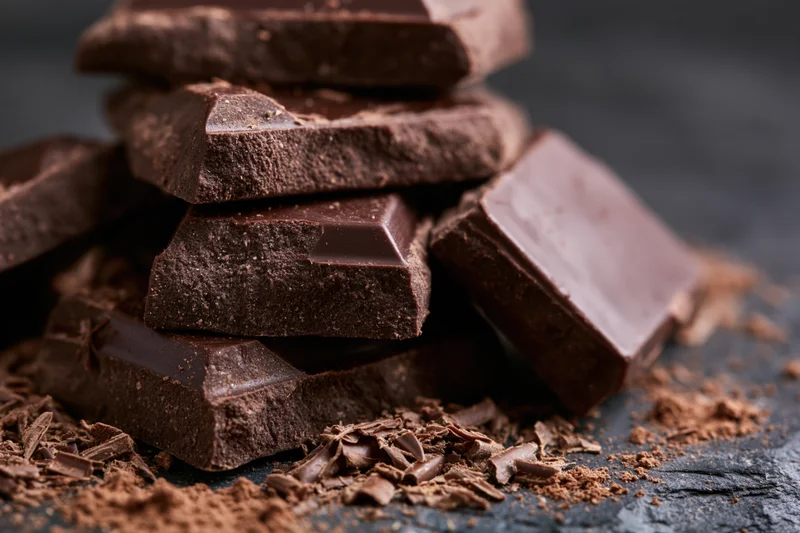 Broken dark chocolate chunks piled haphazardly on a dark slate surface with cocoa powder and crumbs scattered around