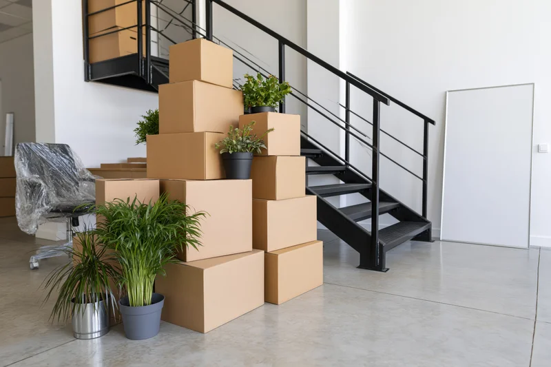 Stacked cardboard moving boxes and potted plants clustered near a staircase in an office interior