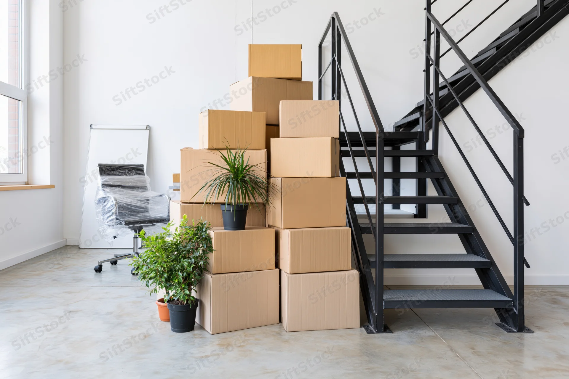 Stacked cardboard moving boxes and potted plants beside a metal staircase in a modern loft interior