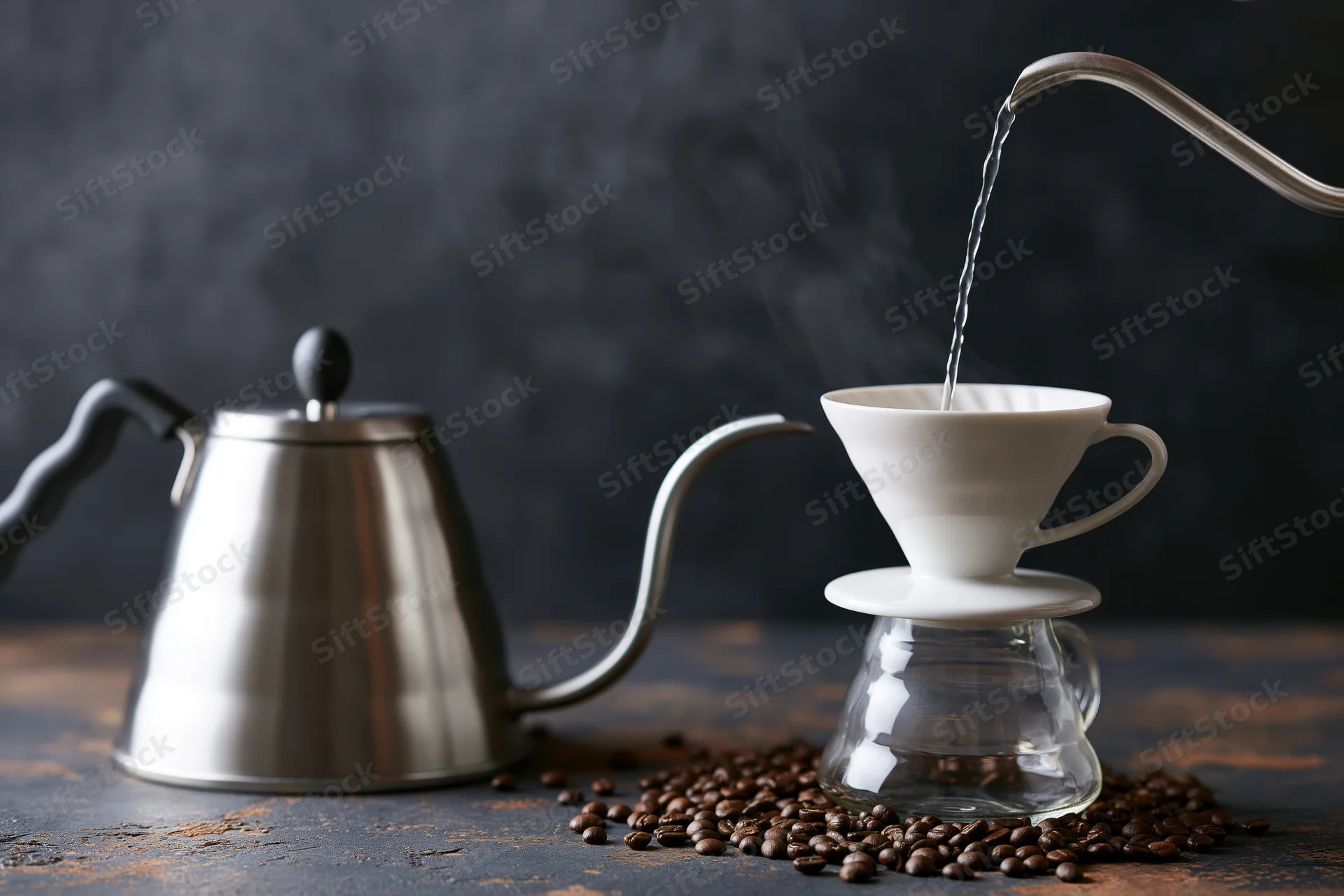 Hot water poured from a gooseneck kettle into a ceramic filter over a glass carafe surrounded by coffee beans on a dark rustic surface