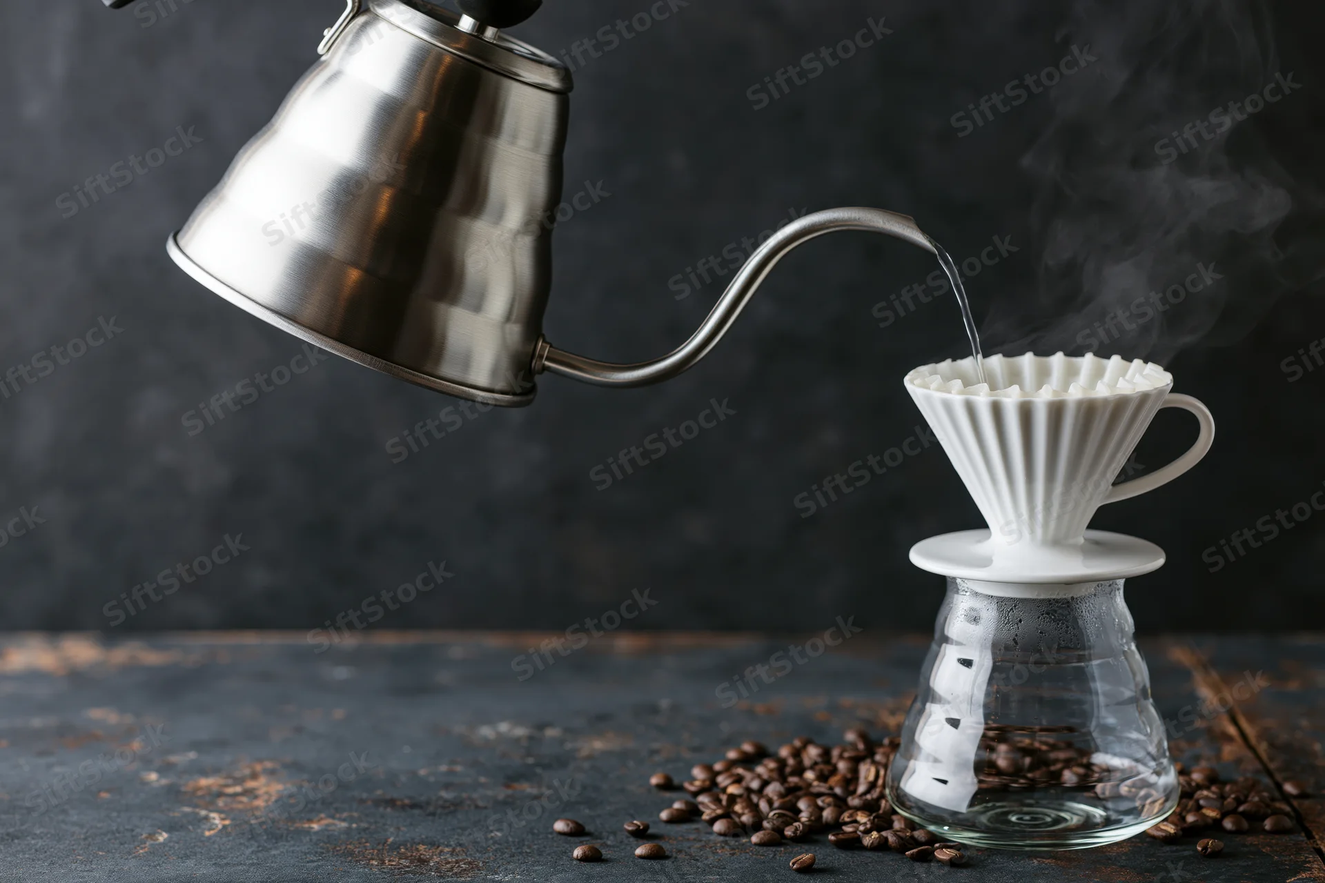 Stainless steel gooseneck kettle pouring hot water over coffee grounds in a white ceramic filter on a glass carafe, with scattered beans on a dark rustic surface