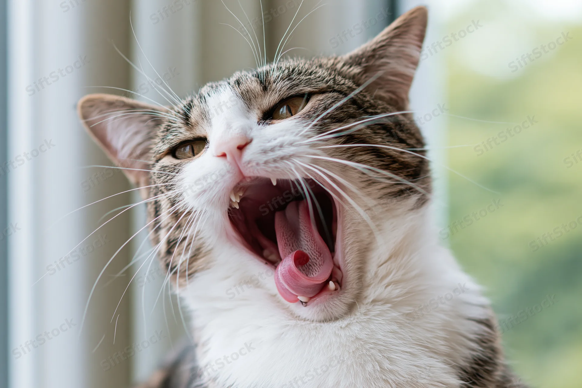 Tabby and white domestic cat mid-yawn with mouth wide open near window