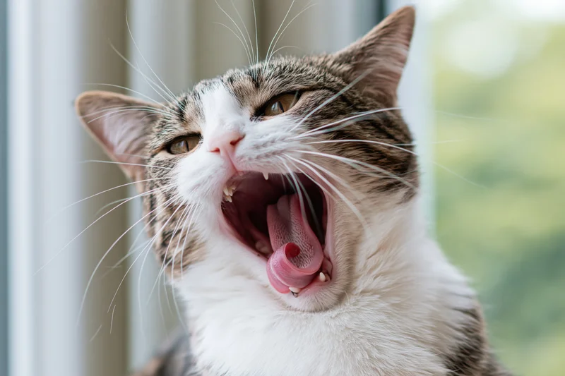 Tabby and white domestic cat mid-yawn with mouth wide open near window