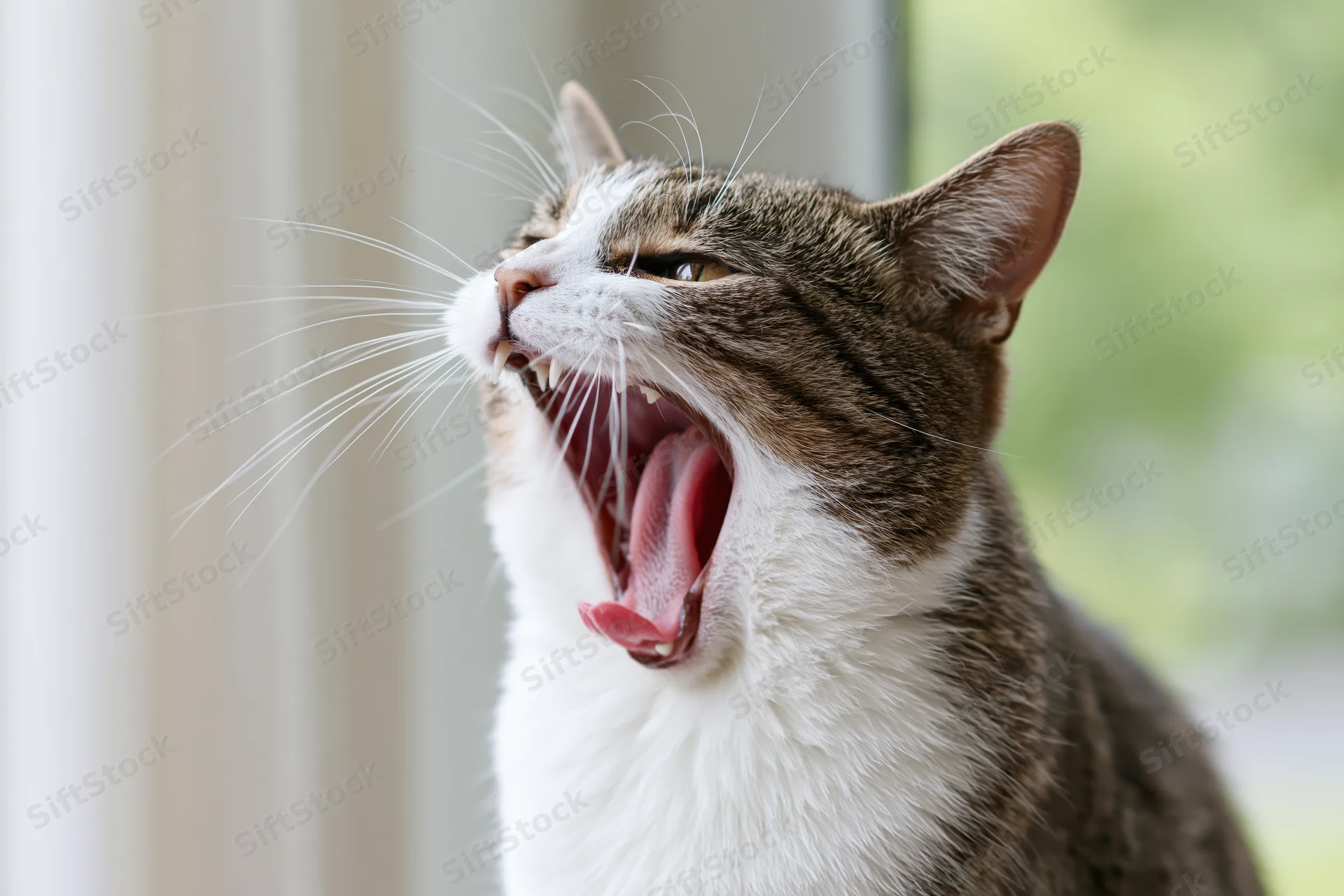 Tabby and white domestic cat mid-yawn with mouth wide open indoors near window