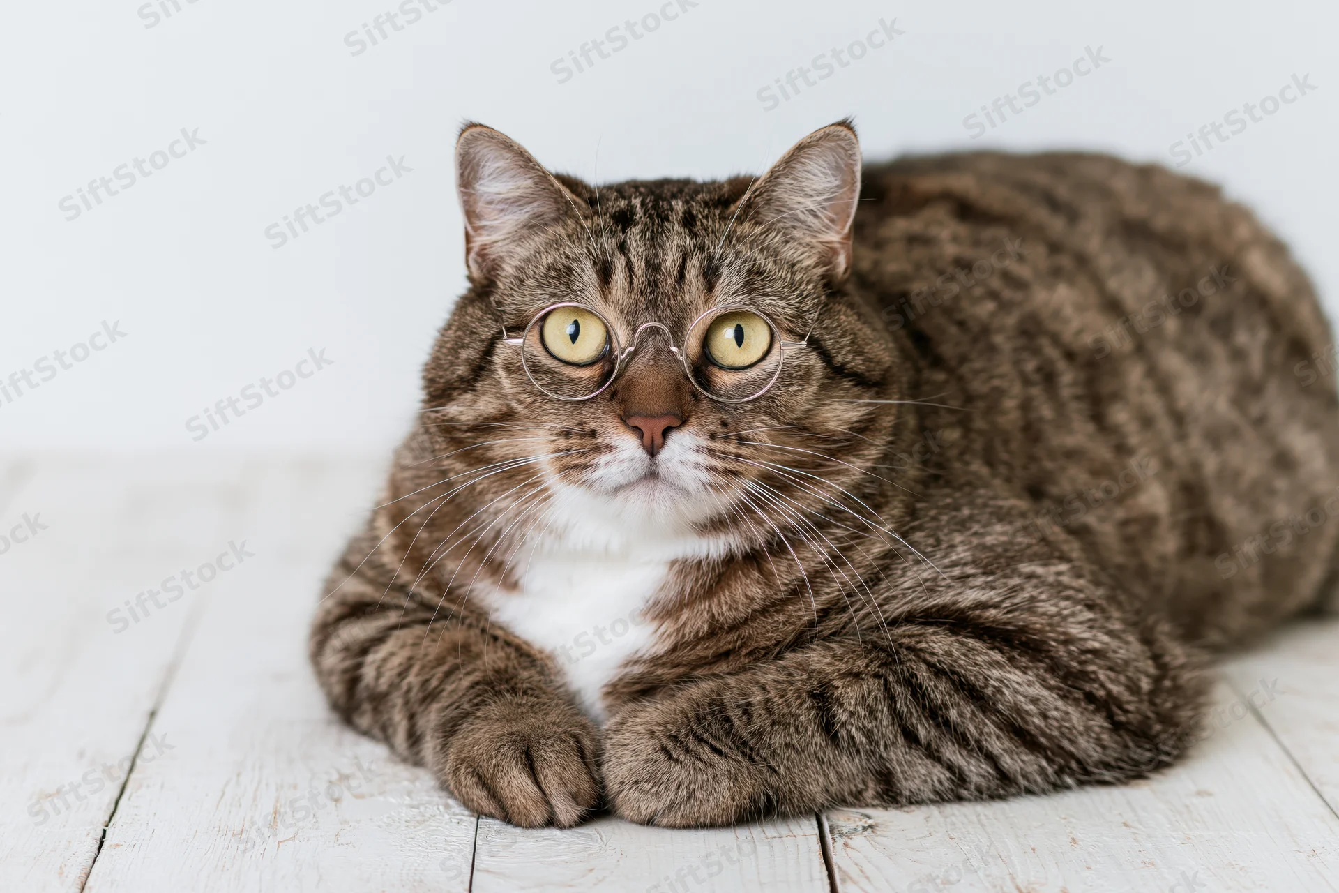 Tabby cat wearing round glasses lying on a white-washed wooden floor