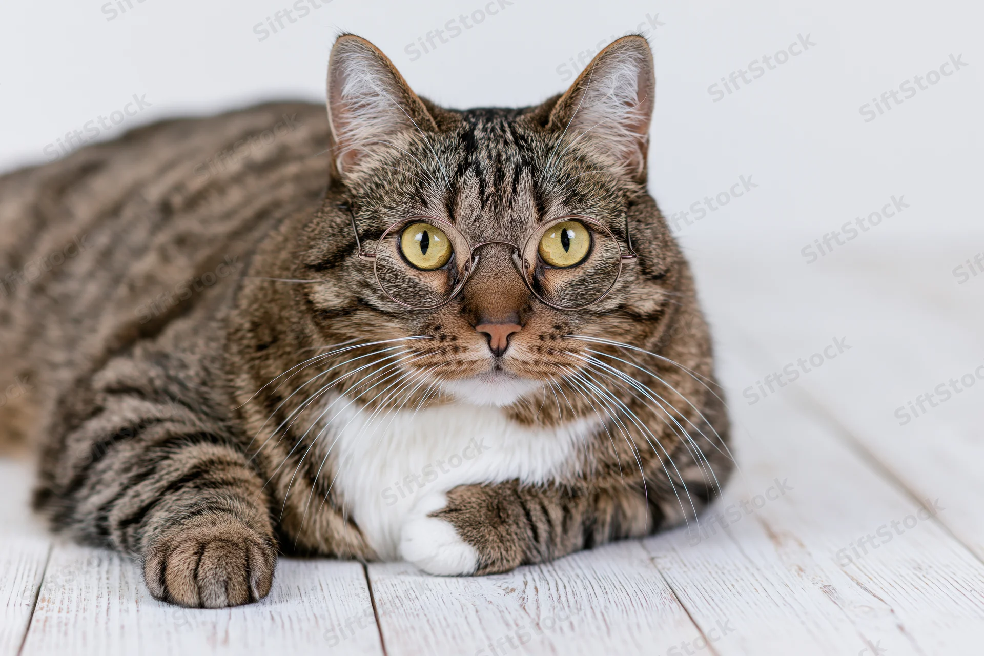 Tabby cat wearing round glasses lying on a white-washed wooden floor