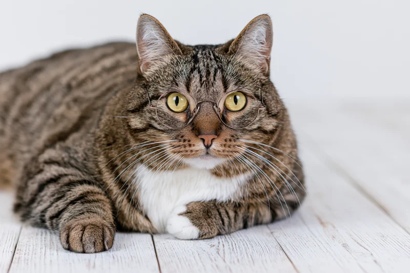 Tabby cat wearing round glasses lying on a white-washed wooden floor