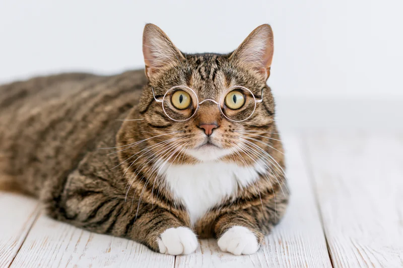 Tabby cat wearing round glasses lying on a white-washed wooden floor