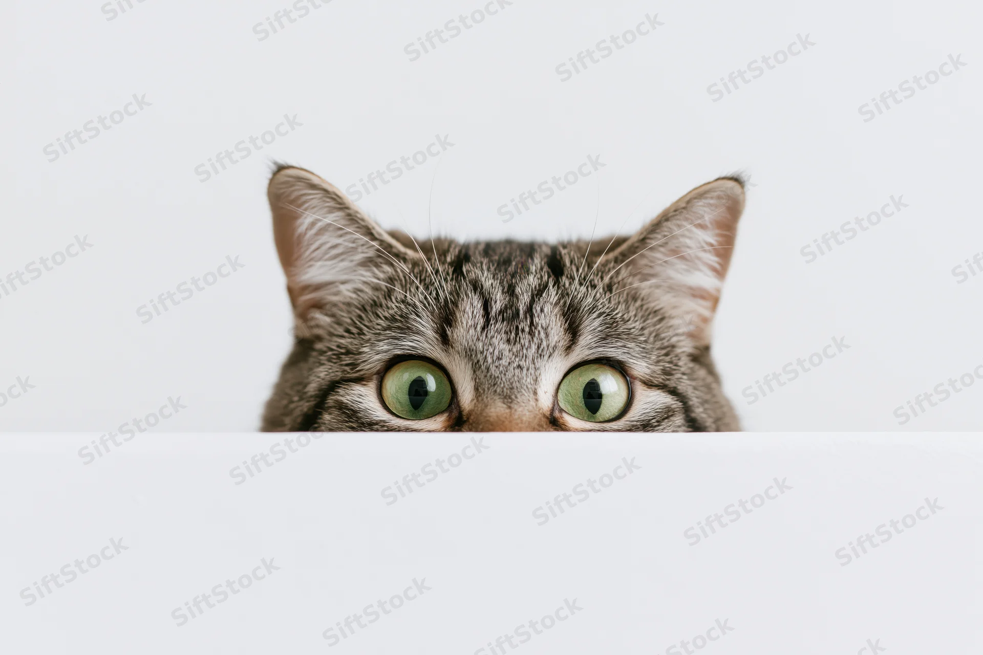 Tabby cat peeking over white surface with green eyes visible