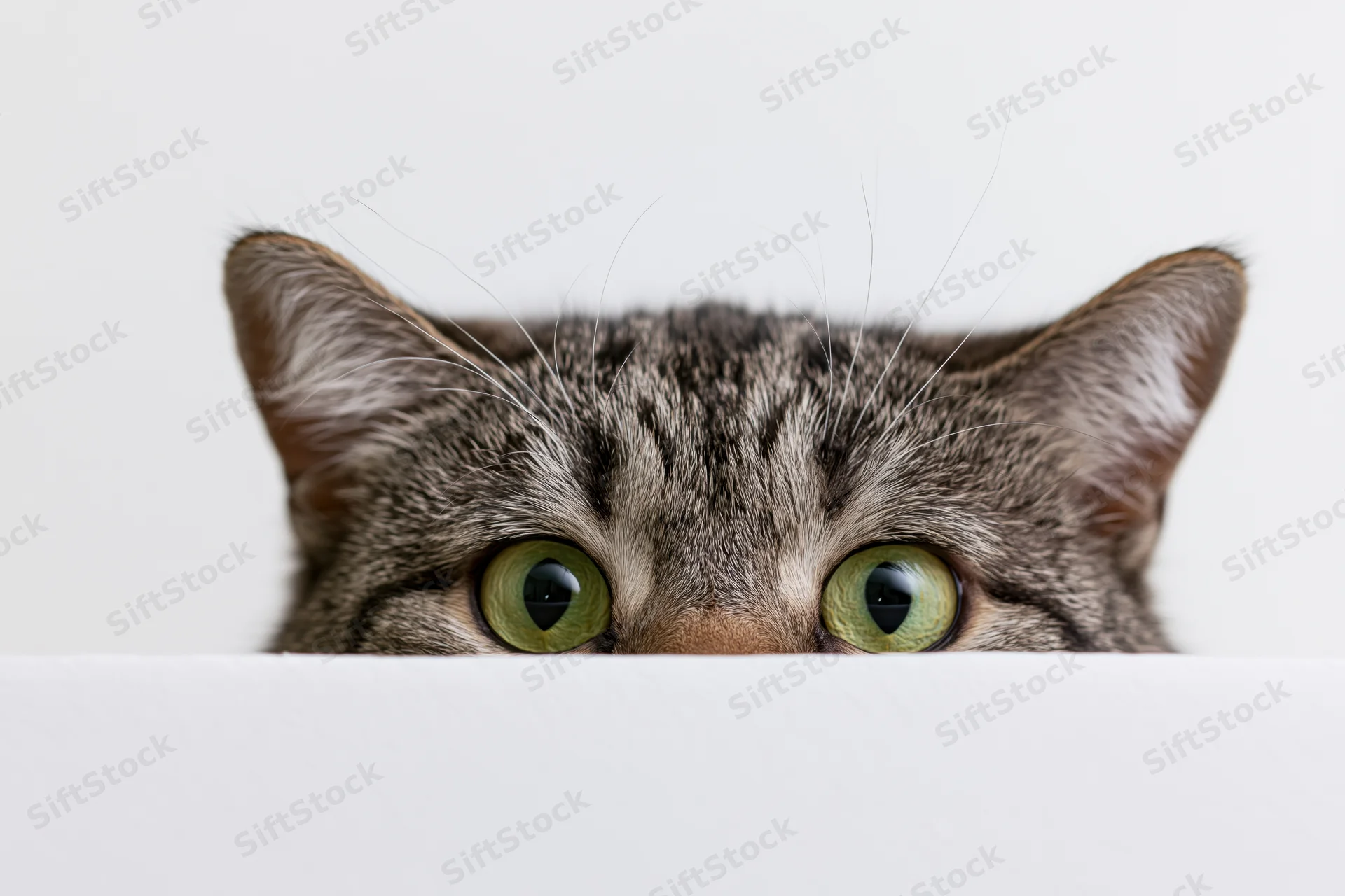 Tabby cat peeking over white surface with green eyes visible