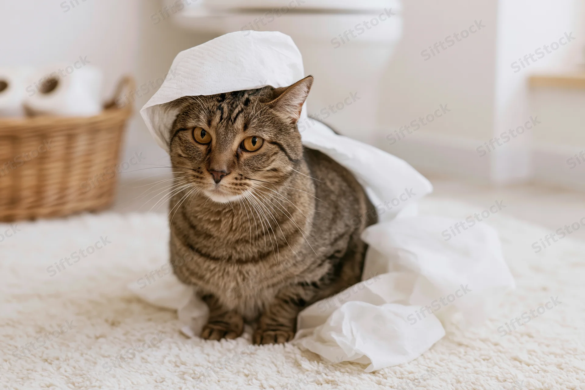 Tabby cat sitting on soft bathroom rug with toilet paper draped over its head